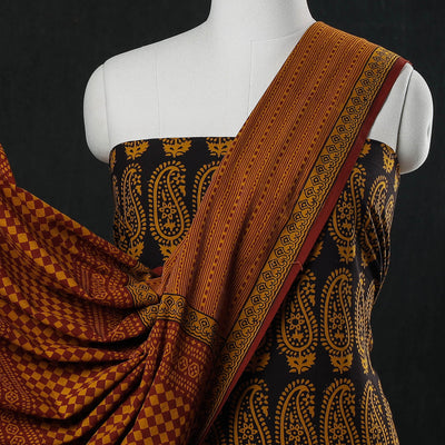 Black - 3pc Natural Dyed Cotton Bagh Print Suit Material Set