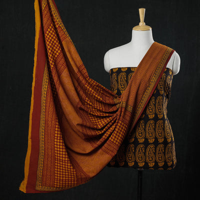Black - 3pc Natural Dyed Cotton Bagh Print Suit Material Set