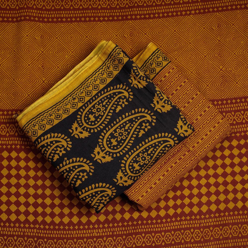 Black - 3pc Natural Dyed Cotton Bagh Print Suit Material Set