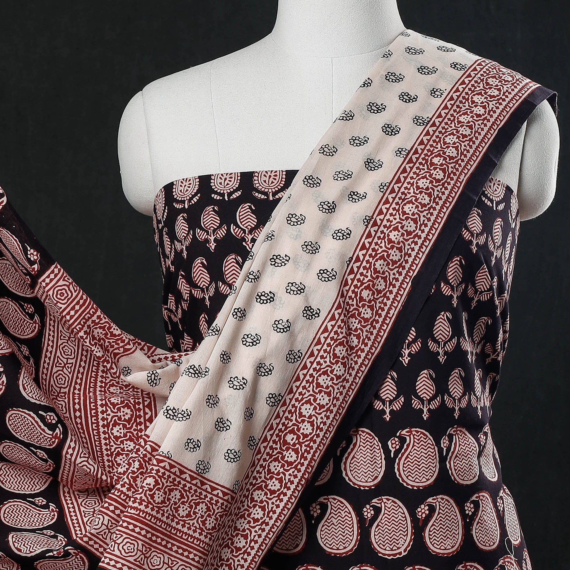 Black - 3pc Natural Dyed Cotton Bagh Print Suit Material Set