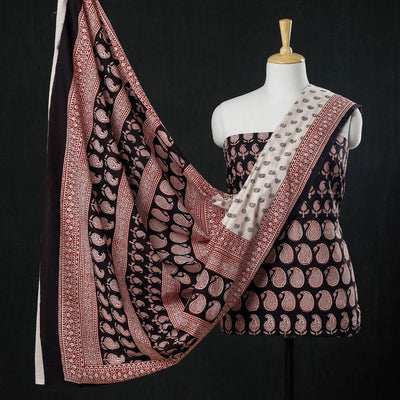 Black - 3pc Natural Dyed Cotton Bagh Print Suit Material Set