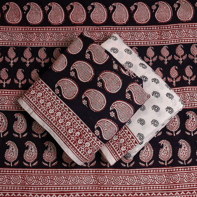 Black - 3pc Natural Dyed Cotton Bagh Print Suit Material Set