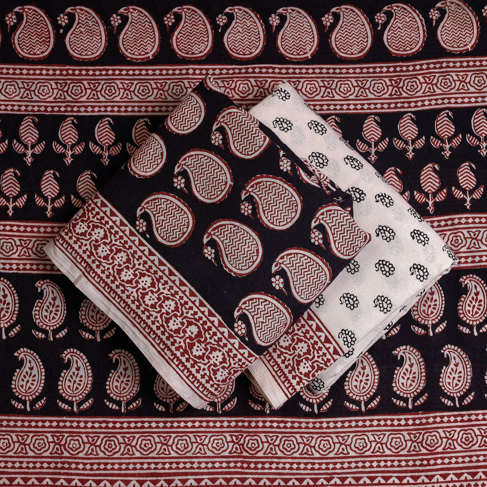 Black - 3pc Natural Dyed Cotton Bagh Print Suit Material Set