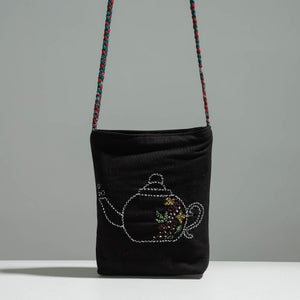 Black - Cotton Fabric Hand Embroidered Sling Bag