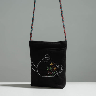 Black - Cotton Fabric Hand Embroidered Sling Bag