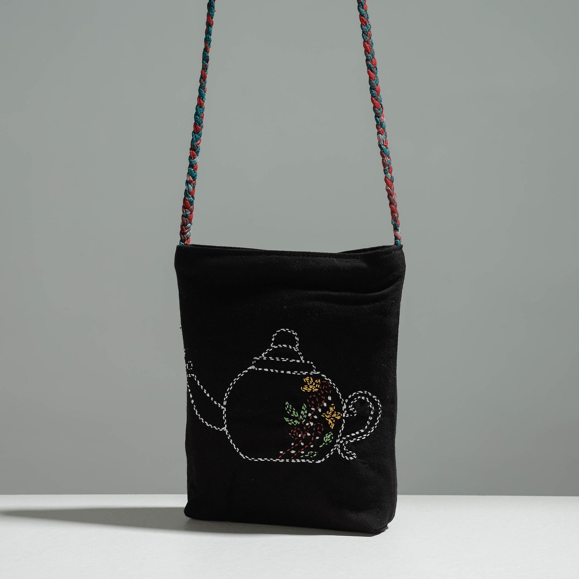 Black - Cotton Fabric Hand Embroidered Sling Bag