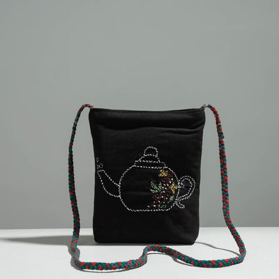 Black - Cotton Fabric Hand Embroidered Sling Bag