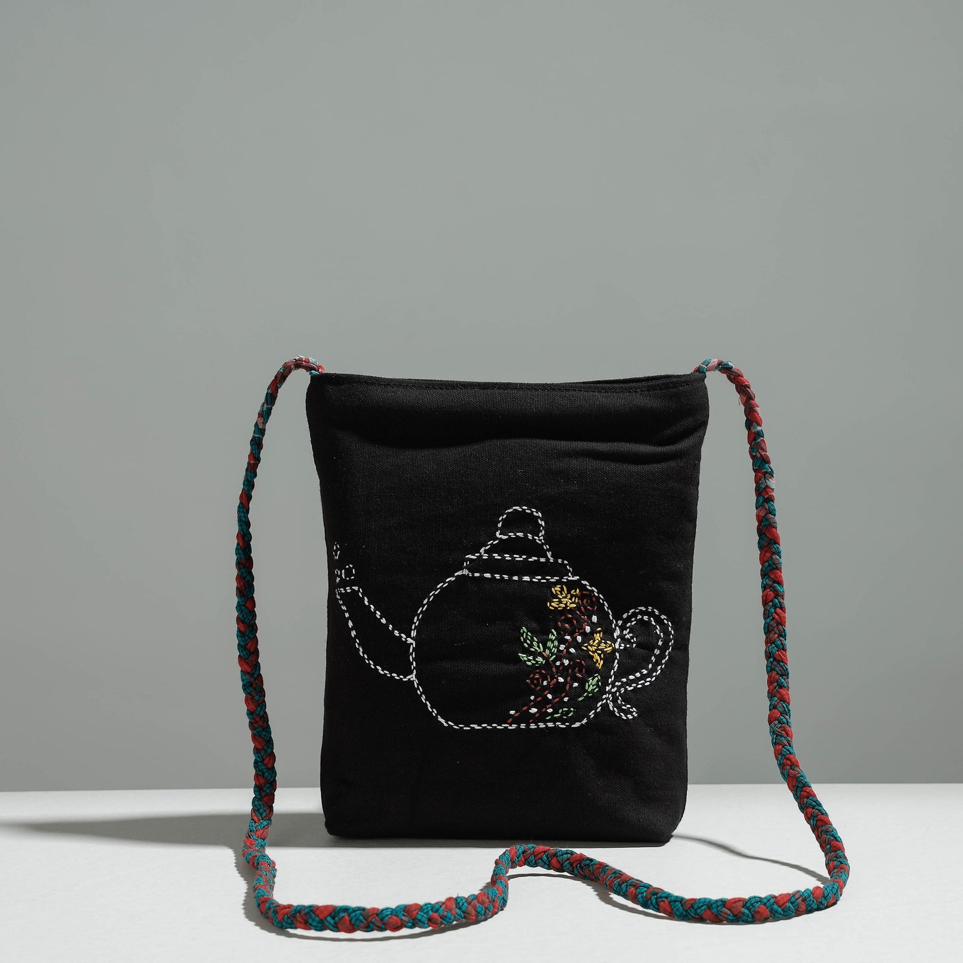 Black - Cotton Fabric Hand Embroidered Sling Bag