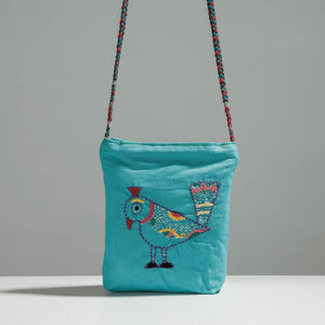 Blue - Cotton Fabric Hand Embroidered Sling Bag