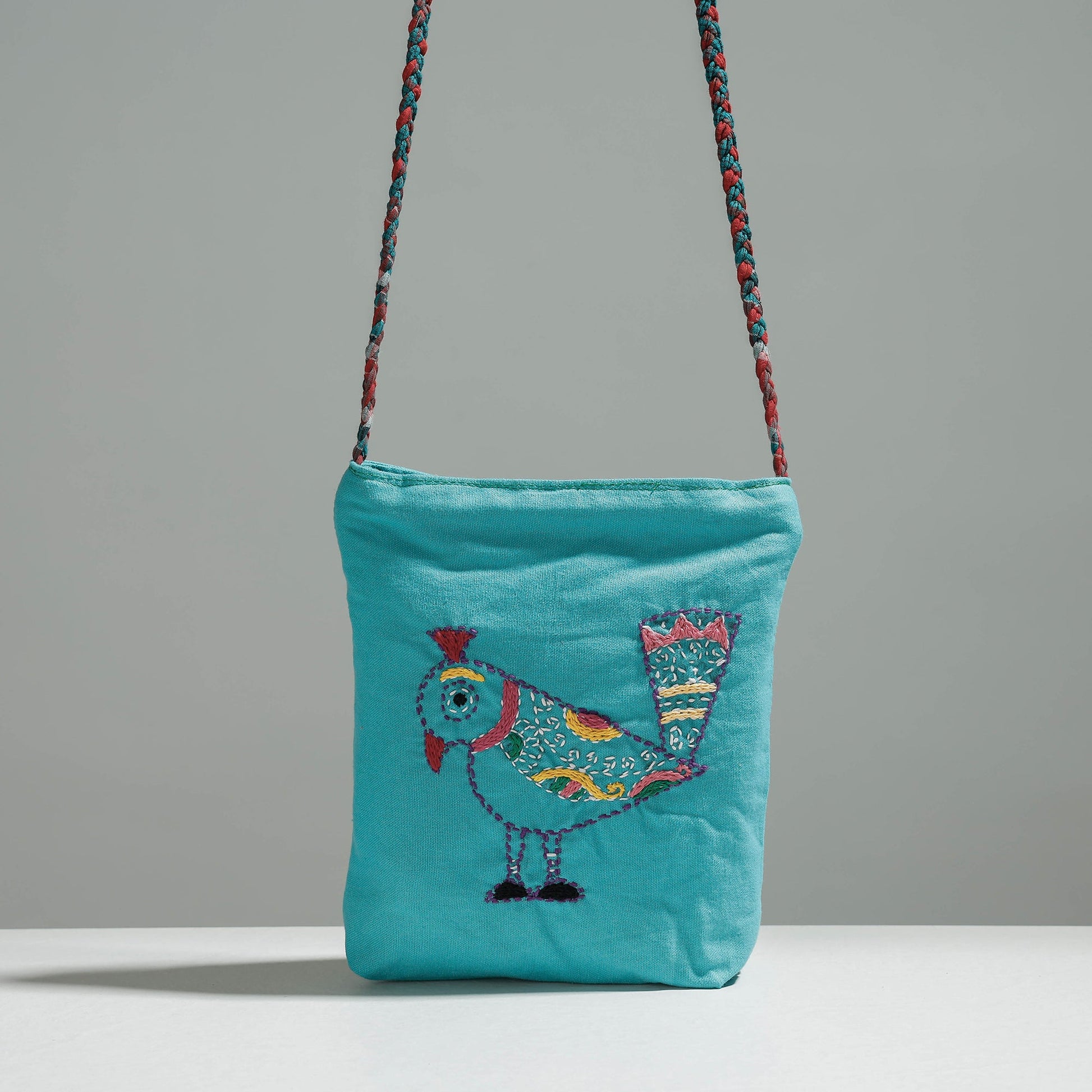 Blue - Cotton Fabric Hand Embroidered Sling Bag