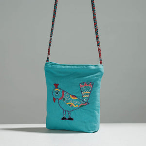 Blue - Cotton Fabric Hand Embroidered Sling Bag