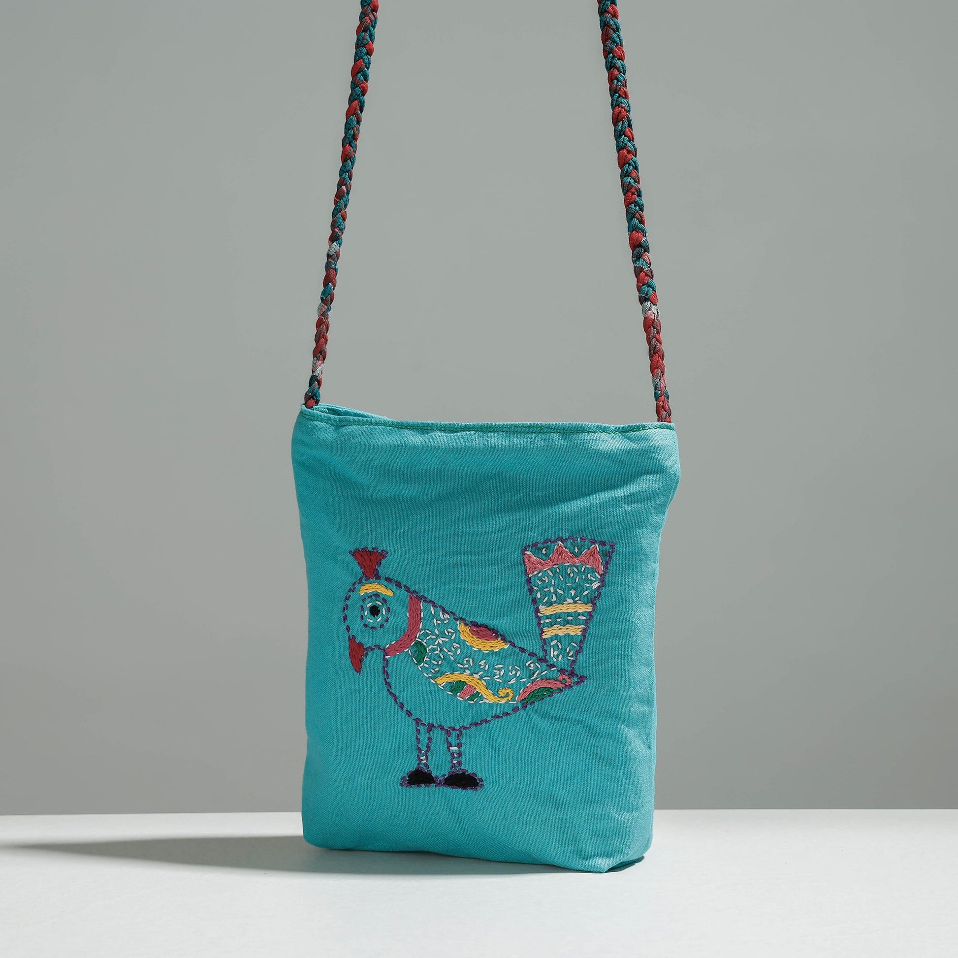 Blue - Cotton Fabric Hand Embroidered Sling Bag