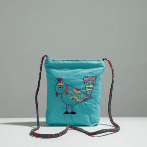 Blue - Cotton Fabric Hand Embroidered Sling Bag