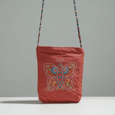 Brown - Cotton Fabric Hand Embroidered Sling Bag