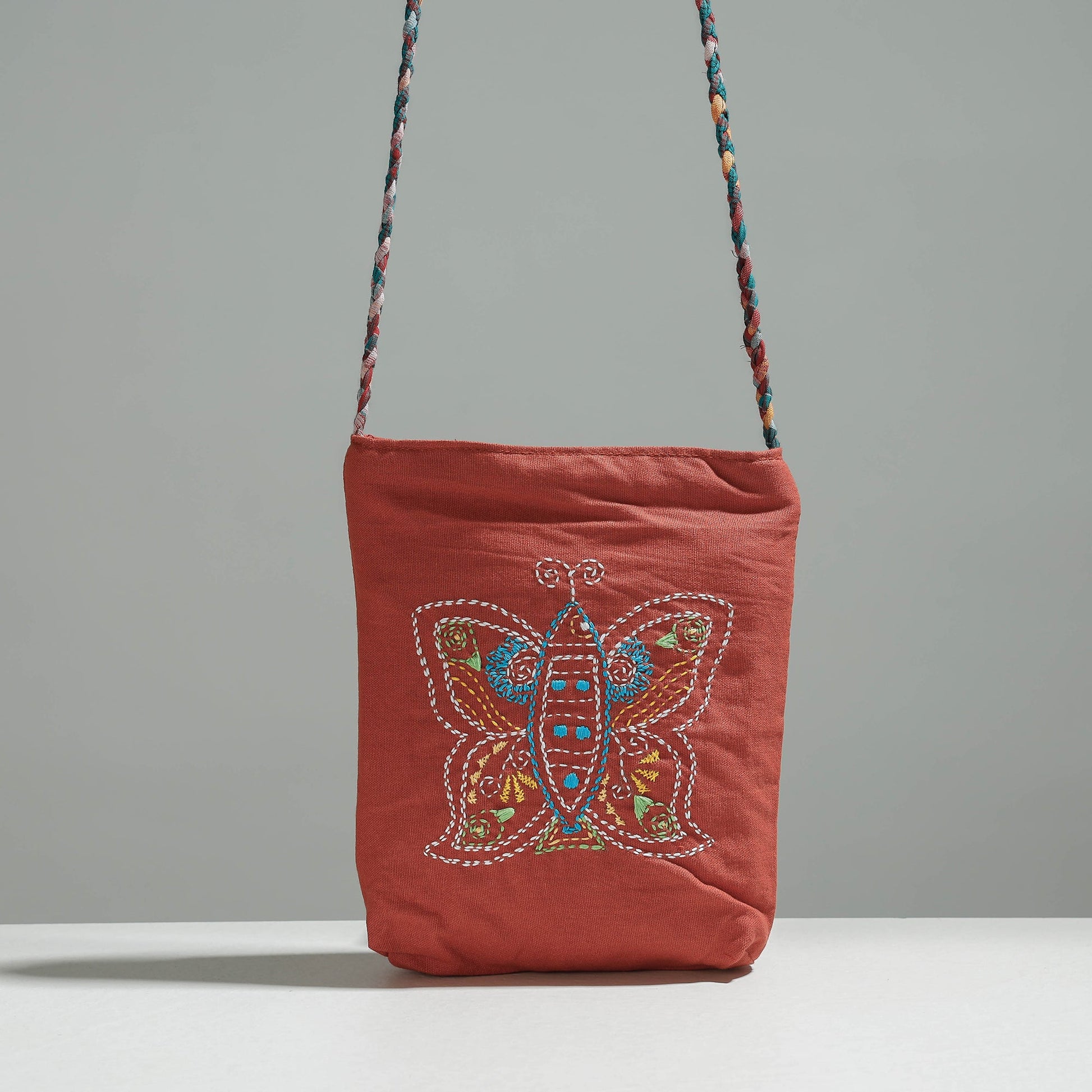 Brown - Cotton Fabric Hand Embroidered Sling Bag