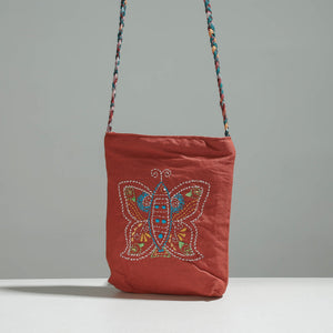 Brown - Cotton Fabric Hand Embroidered Sling Bag