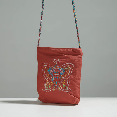 Brown - Cotton Fabric Hand Embroidered Sling Bag