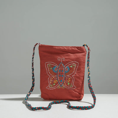 Brown - Cotton Fabric Hand Embroidered Sling Bag