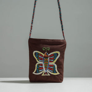 Brown - Cotton Fabric Hand Embroidered Sling Bag