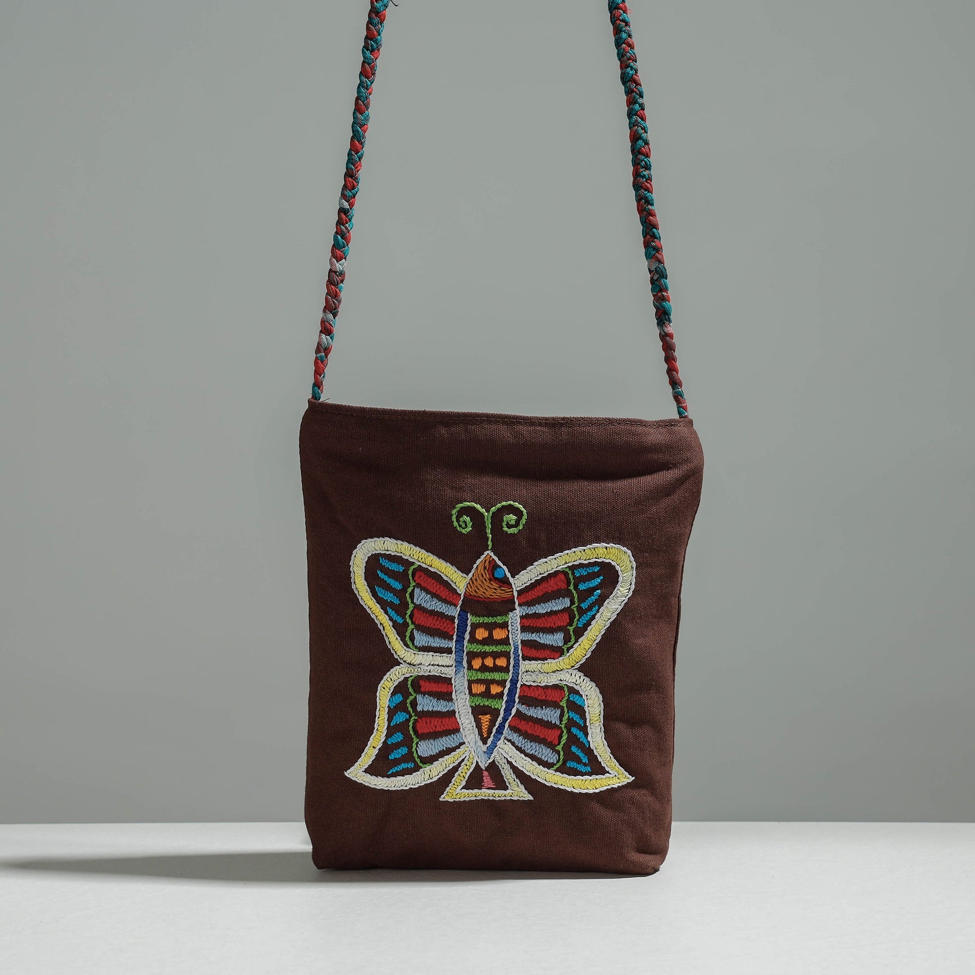 Brown - Cotton Fabric Hand Embroidered Sling Bag