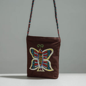 Brown - Cotton Fabric Hand Embroidered Sling Bag