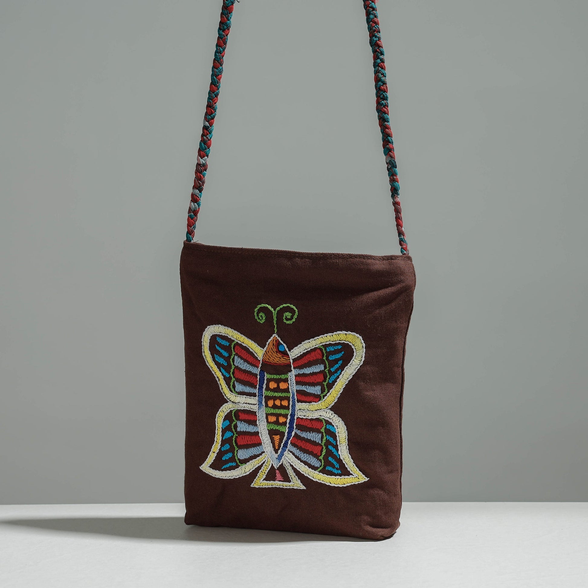 Brown - Cotton Fabric Hand Embroidered Sling Bag