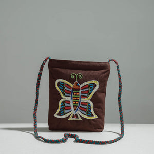 Brown - Cotton Fabric Hand Embroidered Sling Bag