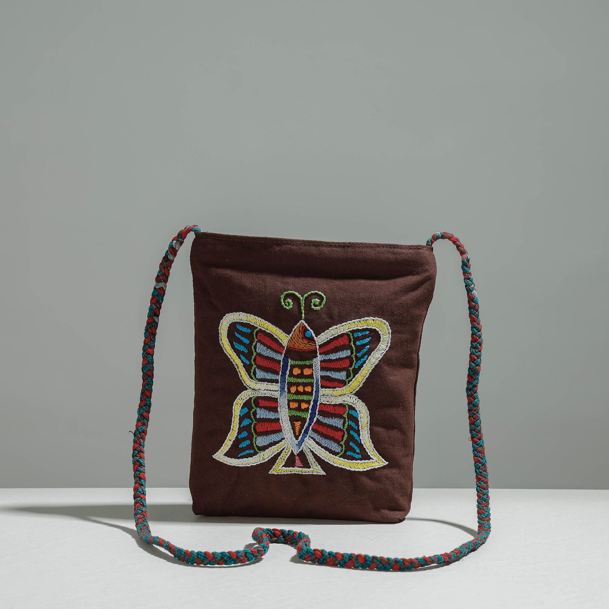Brown - Cotton Fabric Hand Embroidered Sling Bag
