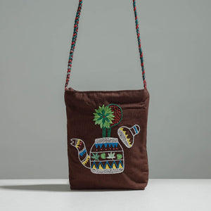 Brown - Cotton Fabric Hand Embroidered Sling Bag