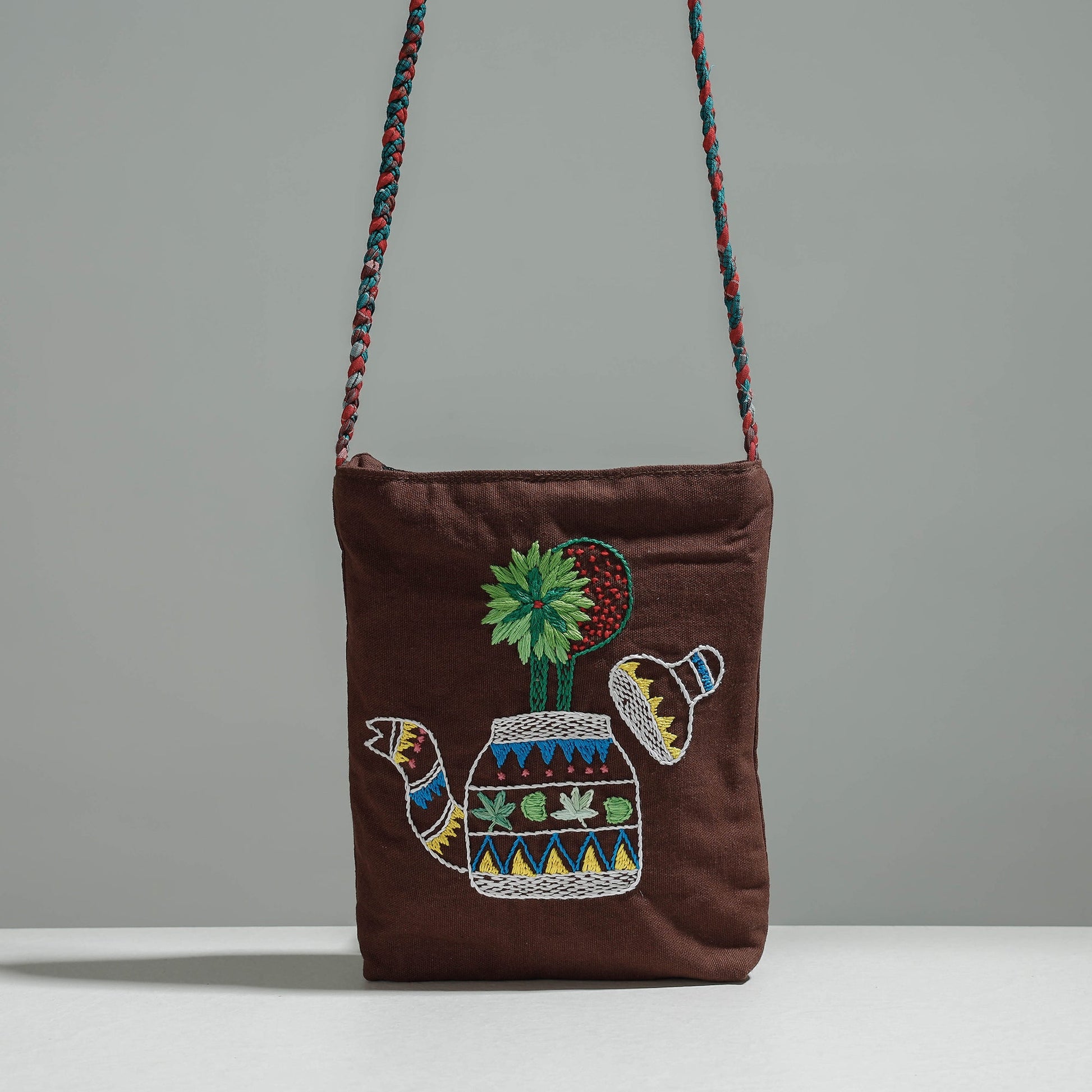 Brown - Cotton Fabric Hand Embroidered Sling Bag
