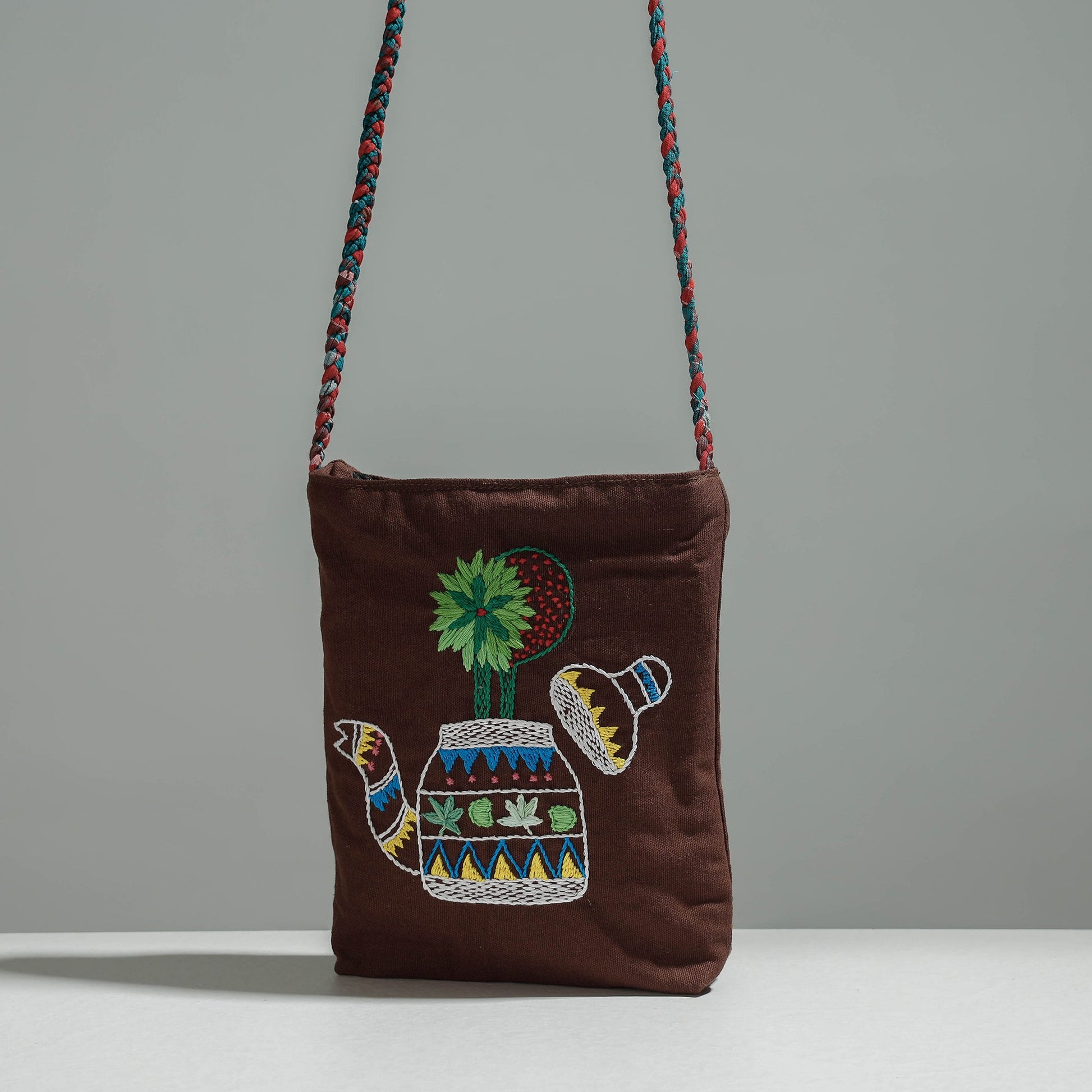 Brown - Cotton Fabric Hand Embroidered Sling Bag