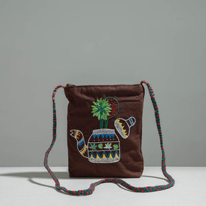 Brown - Cotton Fabric Hand Embroidered Sling Bag