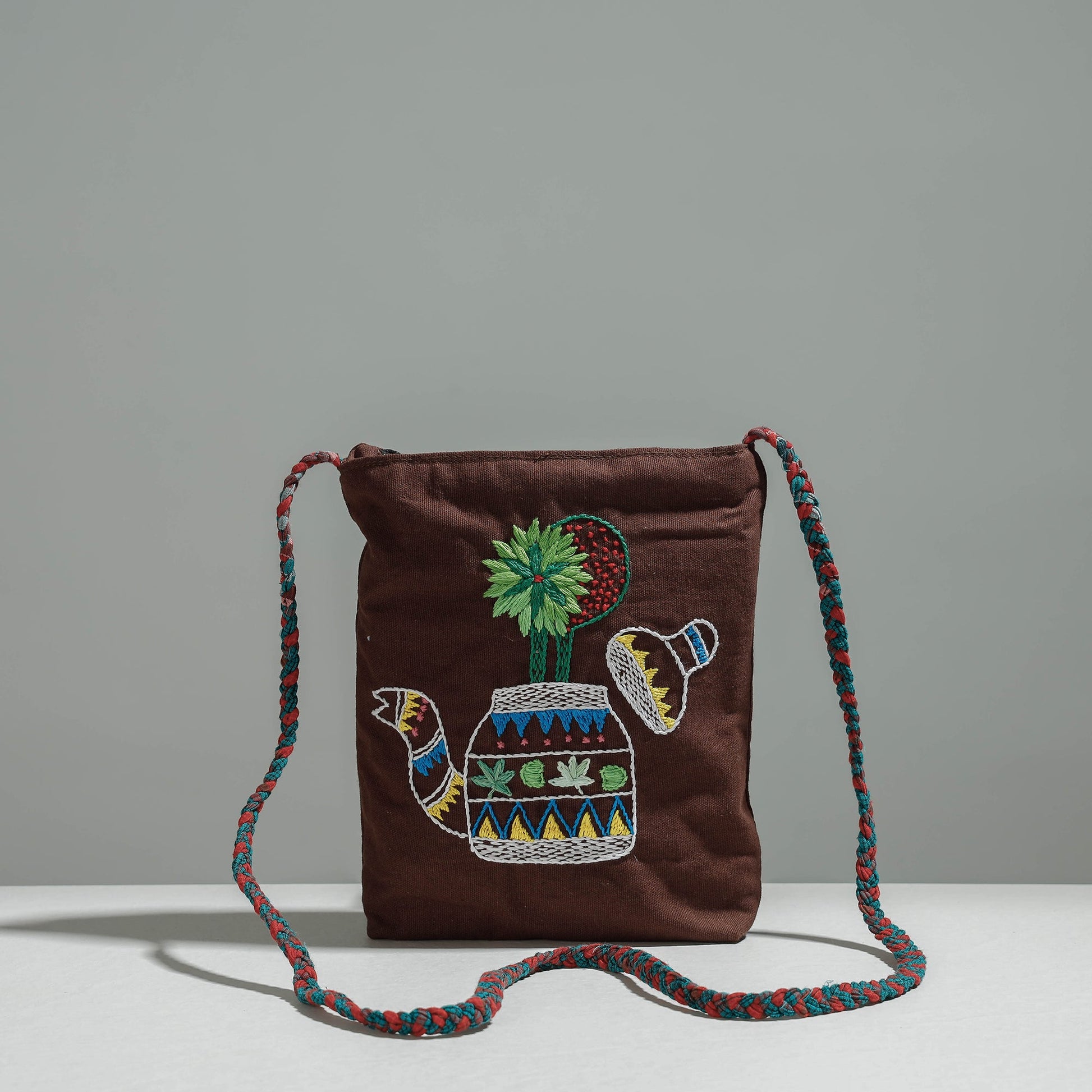Brown - Cotton Fabric Hand Embroidered Sling Bag