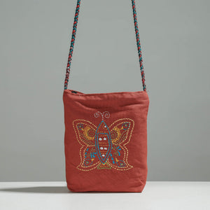 Brown - Cotton Fabric Hand Embroidered Sling Bag