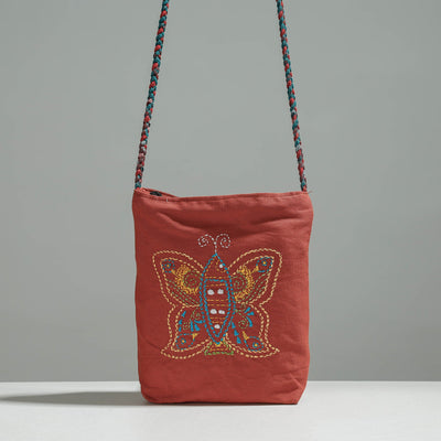 Brown - Cotton Fabric Hand Embroidered Sling Bag