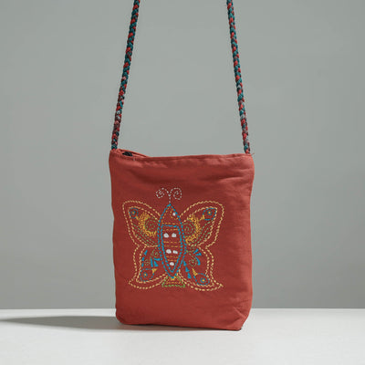 Brown - Cotton Fabric Hand Embroidered Sling Bag