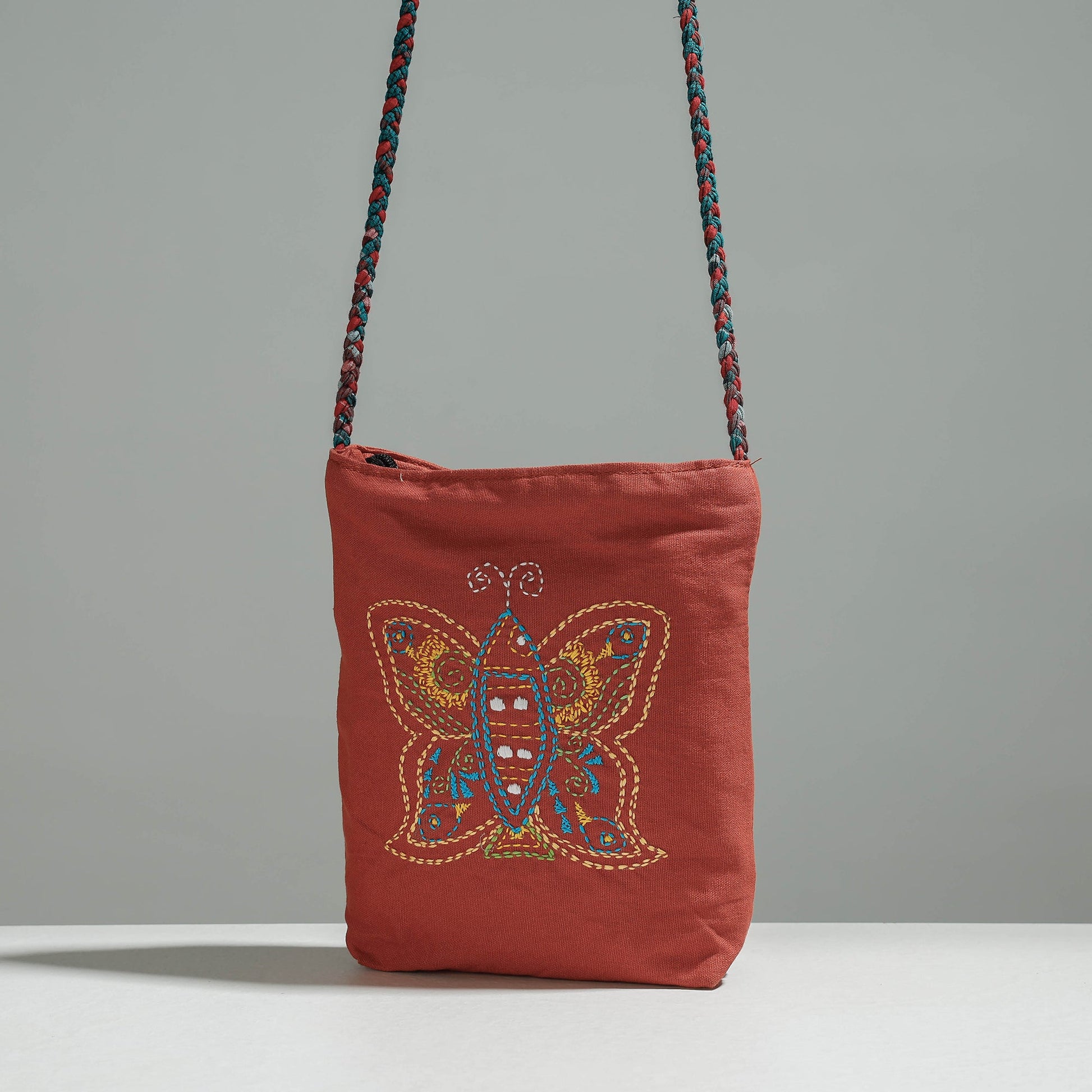 Brown - Cotton Fabric Hand Embroidered Sling Bag