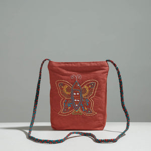 Brown - Cotton Fabric Hand Embroidered Sling Bag