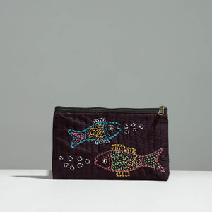 Brown - Gamcha Fabric Hand Embroidered Jewelry Pouch