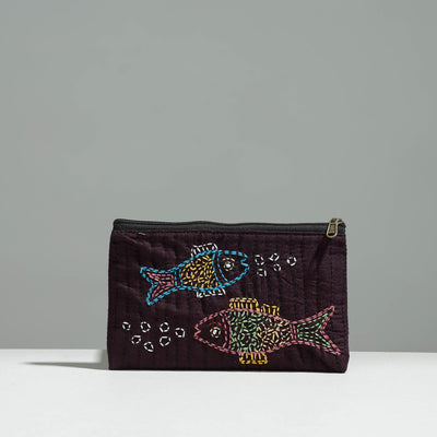 Brown - Gamcha Fabric Hand Embroidered Jewelry Pouch