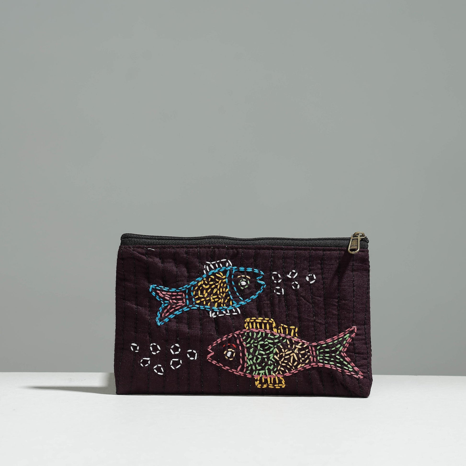 Brown - Gamcha Fabric Hand Embroidered Jewelry Pouch