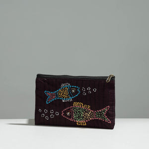 Brown - Gamcha Fabric Hand Embroidered Jewelry Pouch