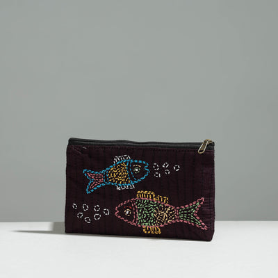 Brown - Gamcha Fabric Hand Embroidered Jewelry Pouch