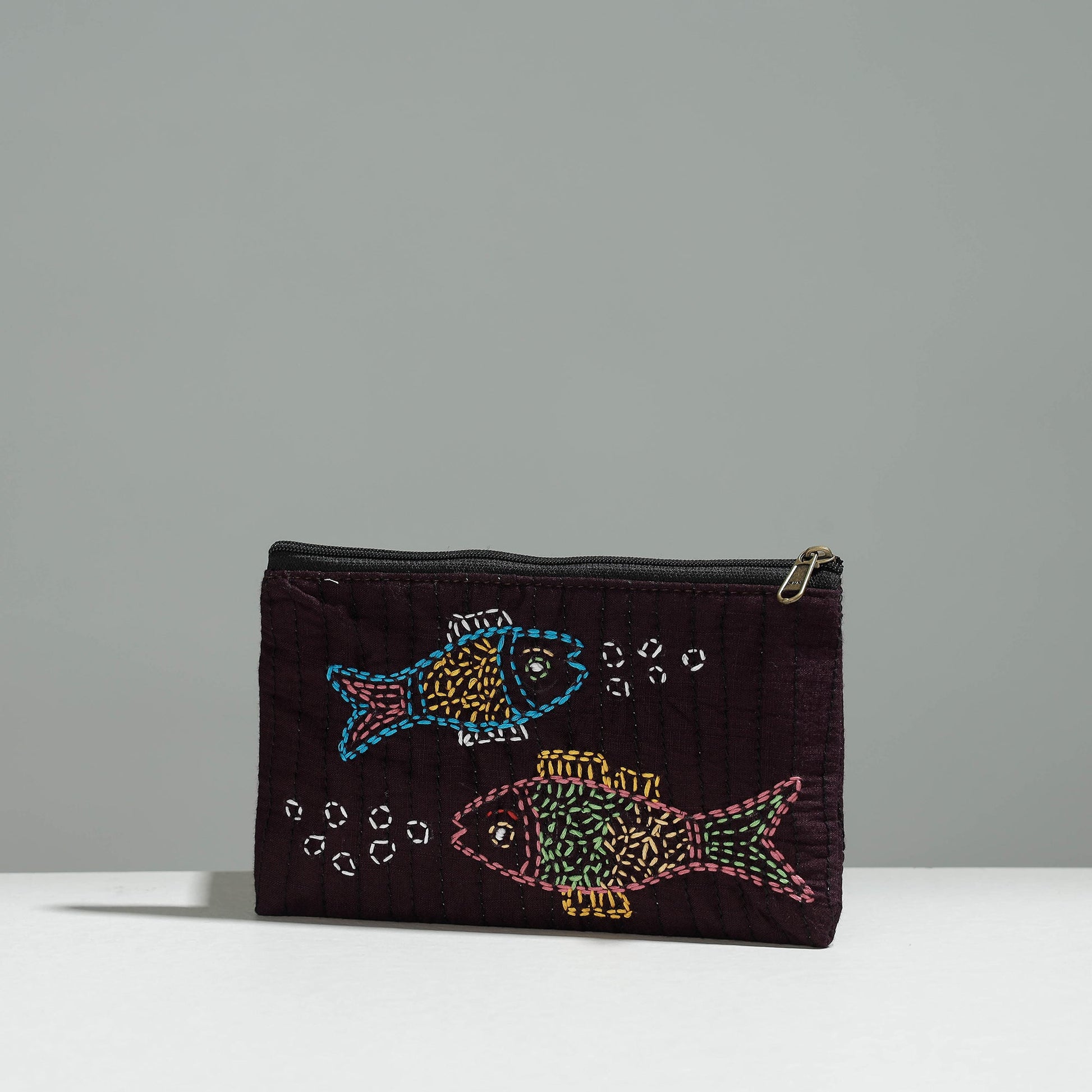 Brown - Gamcha Fabric Hand Embroidered Jewelry Pouch