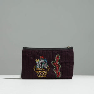 Brown - Gamcha Fabric Hand Embroidered Jewelry Pouch