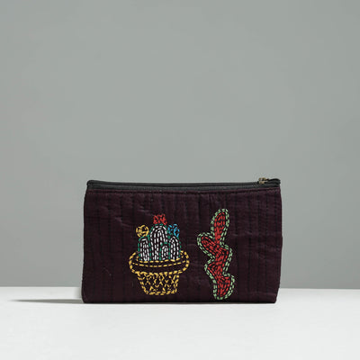 Brown - Gamcha Fabric Hand Embroidered Jewelry Pouch