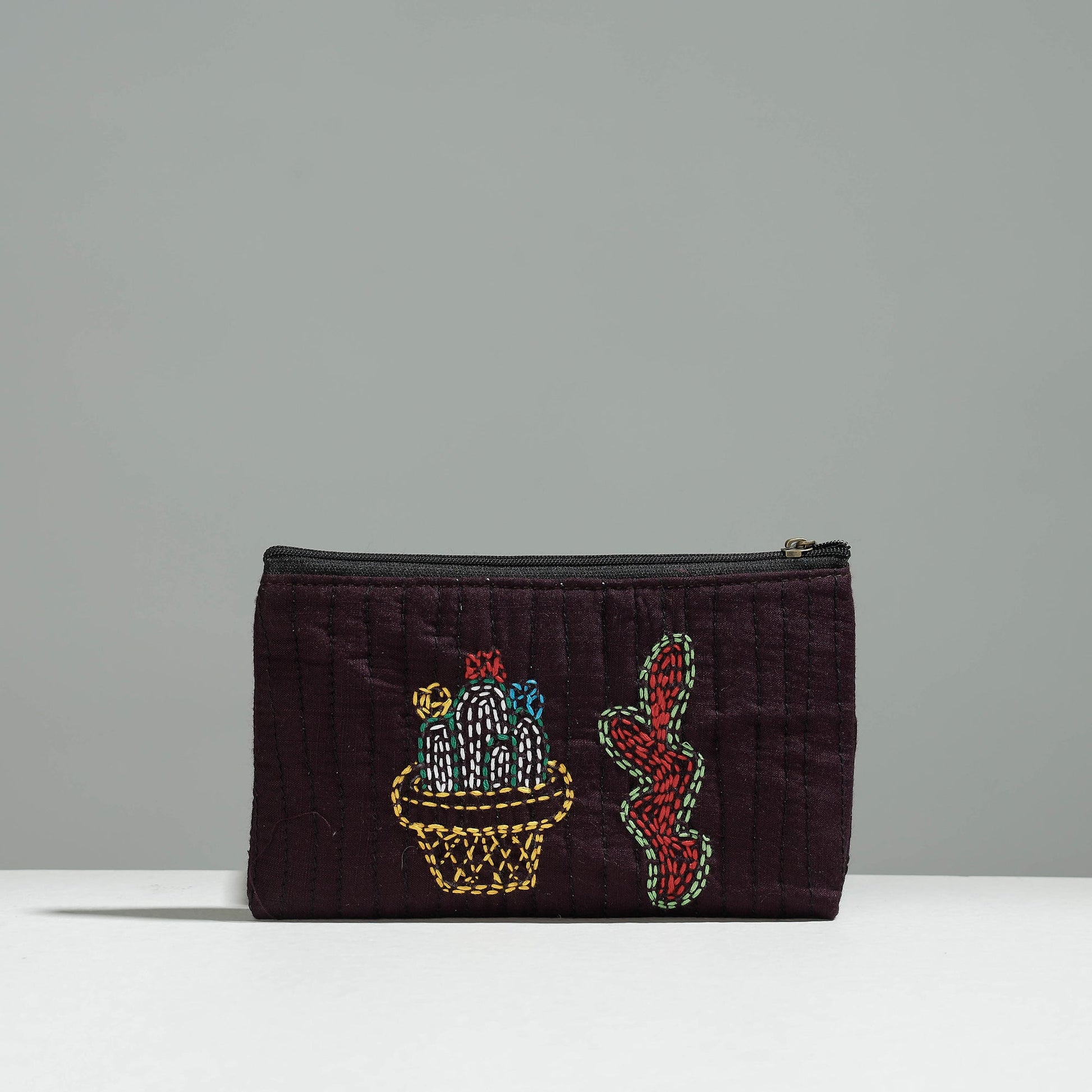 Brown - Gamcha Fabric Hand Embroidered Jewelry Pouch