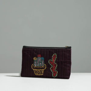 Brown - Gamcha Fabric Hand Embroidered Jewelry Pouch