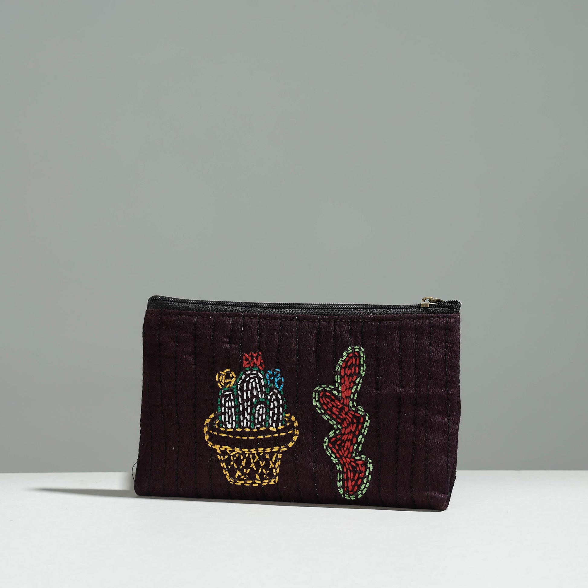 Brown - Gamcha Fabric Hand Embroidered Jewelry Pouch