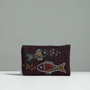 Brown - Gamcha Fabric Hand Embroidered Jewelry Pouch